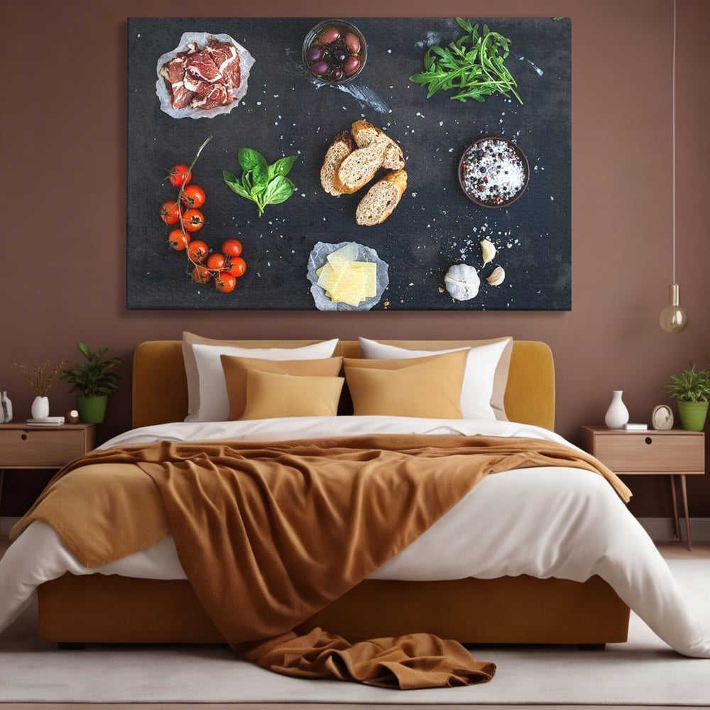 Tablou canvas cu natura moarta cu ingrediente italiene, fara rama, pe sasiu de lemn, pe perete intr-un dormitor